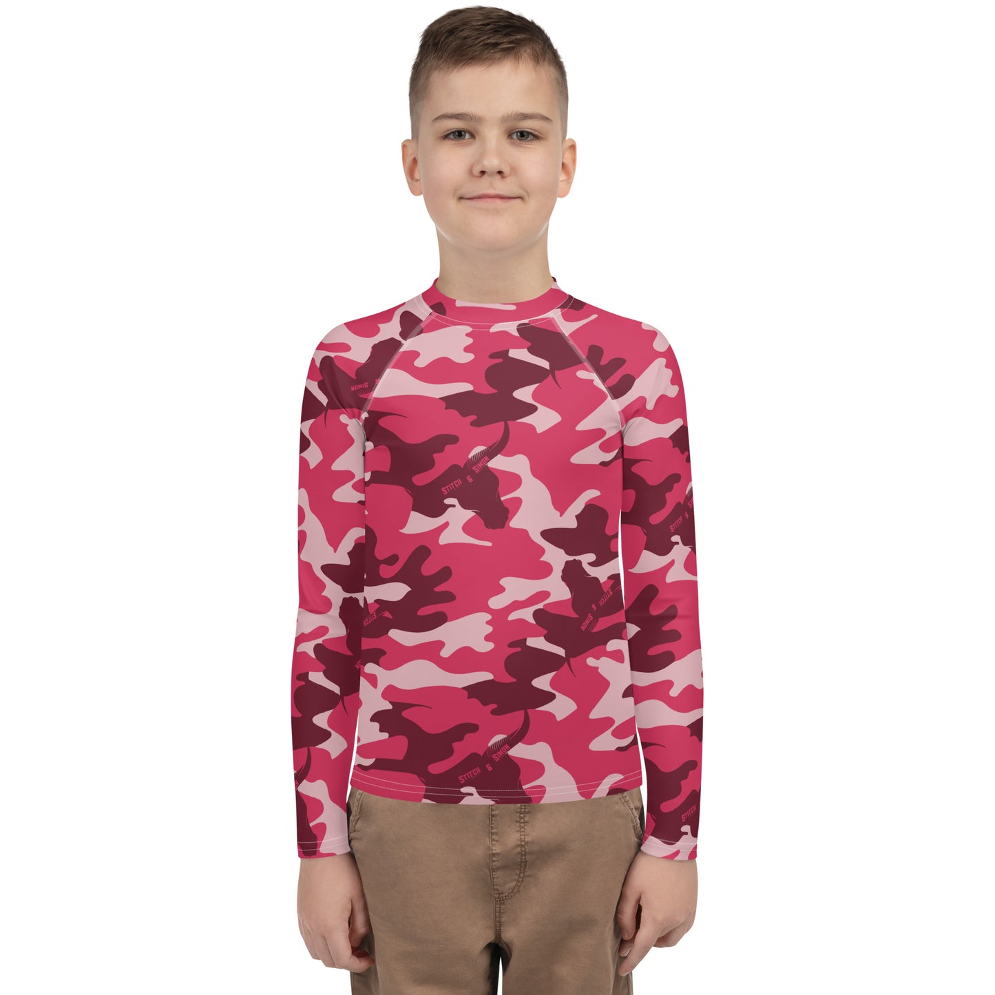 Red Camo Youth Rash Guard – Long Sleeve Swim Shirt for Kids