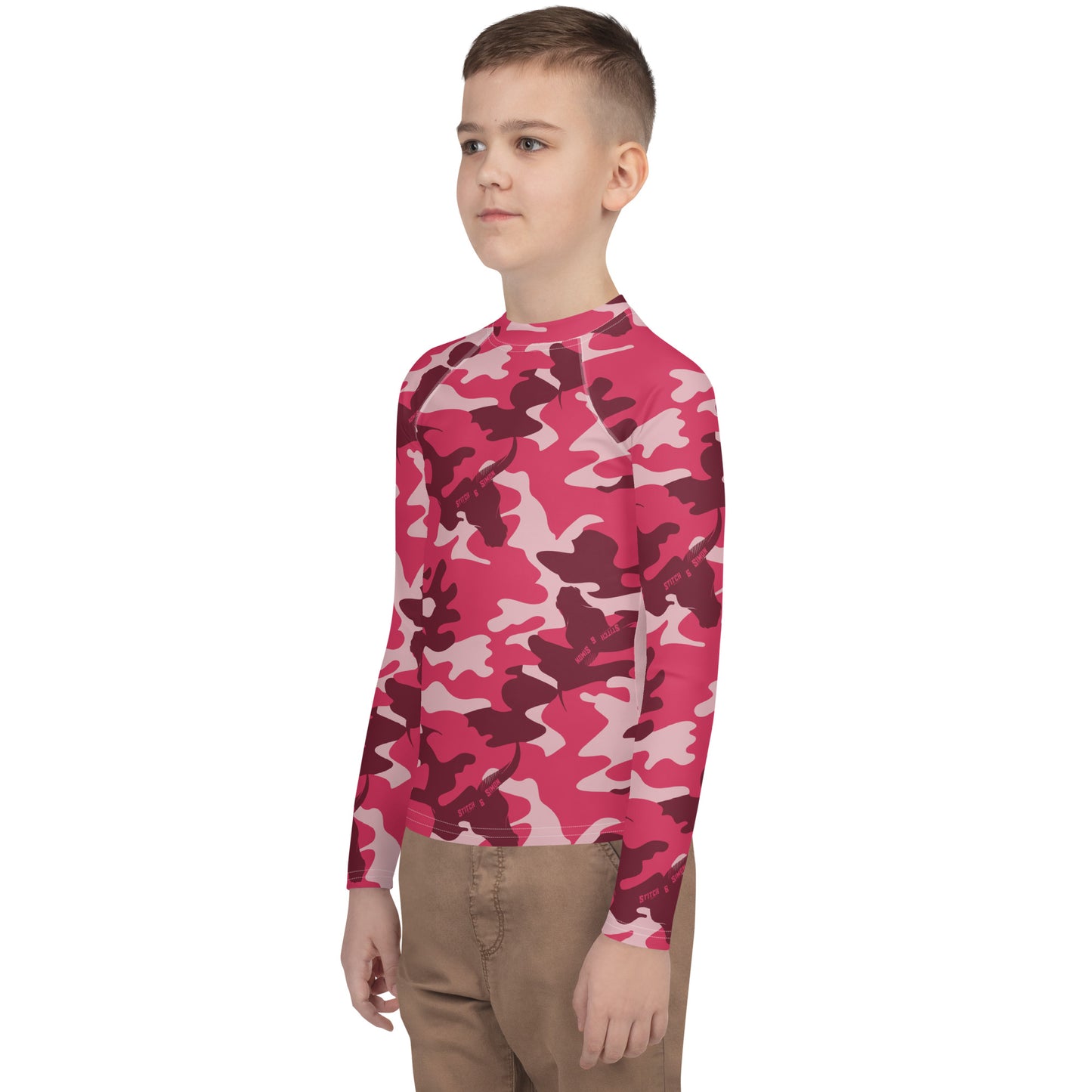 Red Camo Youth Rash Guard – Long Sleeve Swim Shirt for Kids