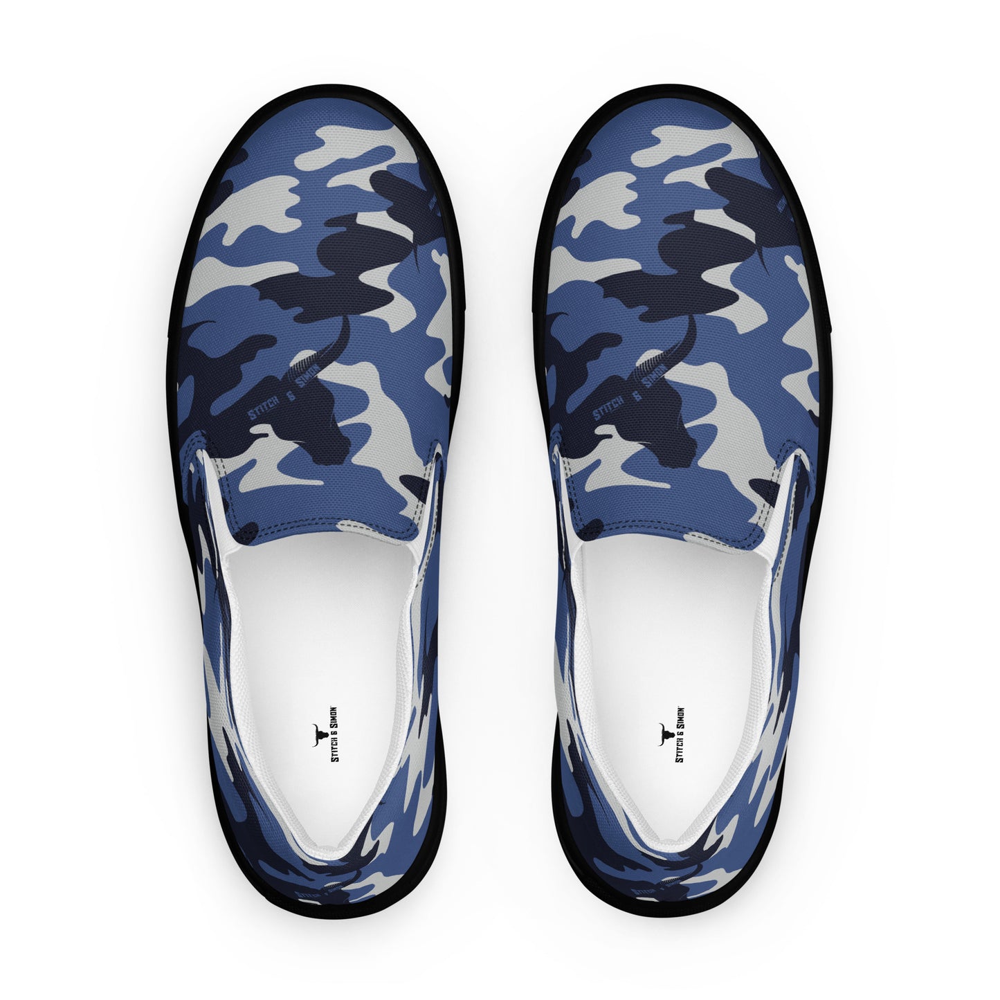 Men’s Blue Camo Slip-On Canvas Shoes – Casual Summer Footwear -Stitch & Simon