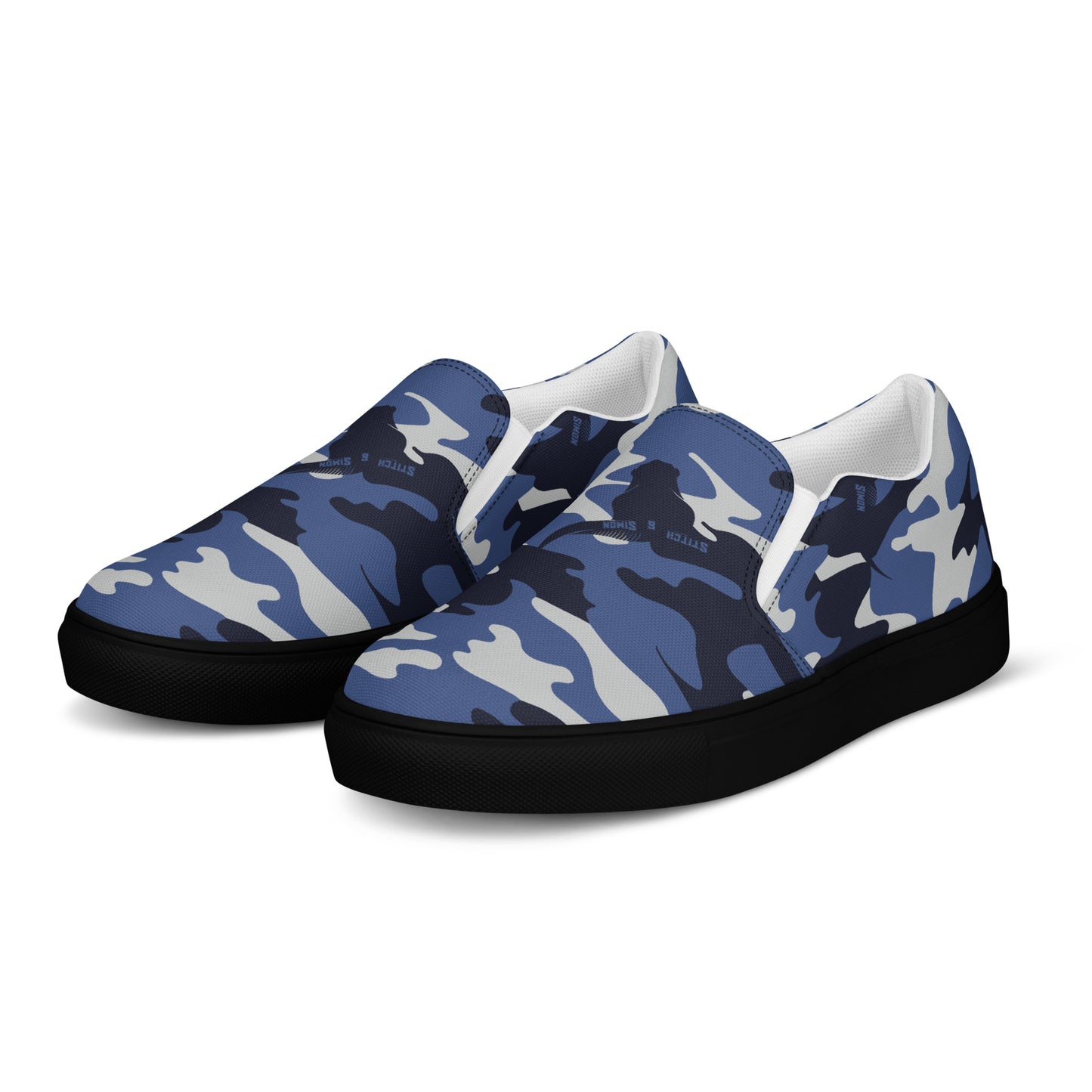 Men’s Blue Camo Slip-On Canvas Shoes – Casual Summer Footwear -Stitch & Simon