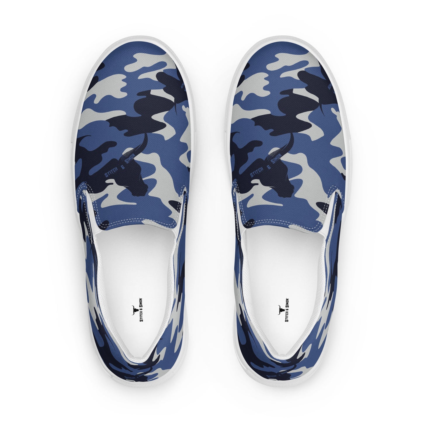 Men’s Blue Camo Slip-On Canvas Shoes – Casual Summer Footwear -Stitch & Simon