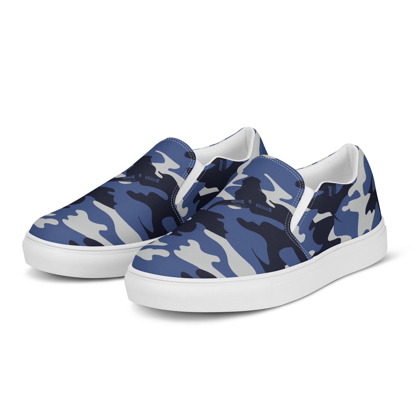 Men’s Blue Camo Slip-On Canvas Shoes – Casual Summer Footwear -Stitch & Simon