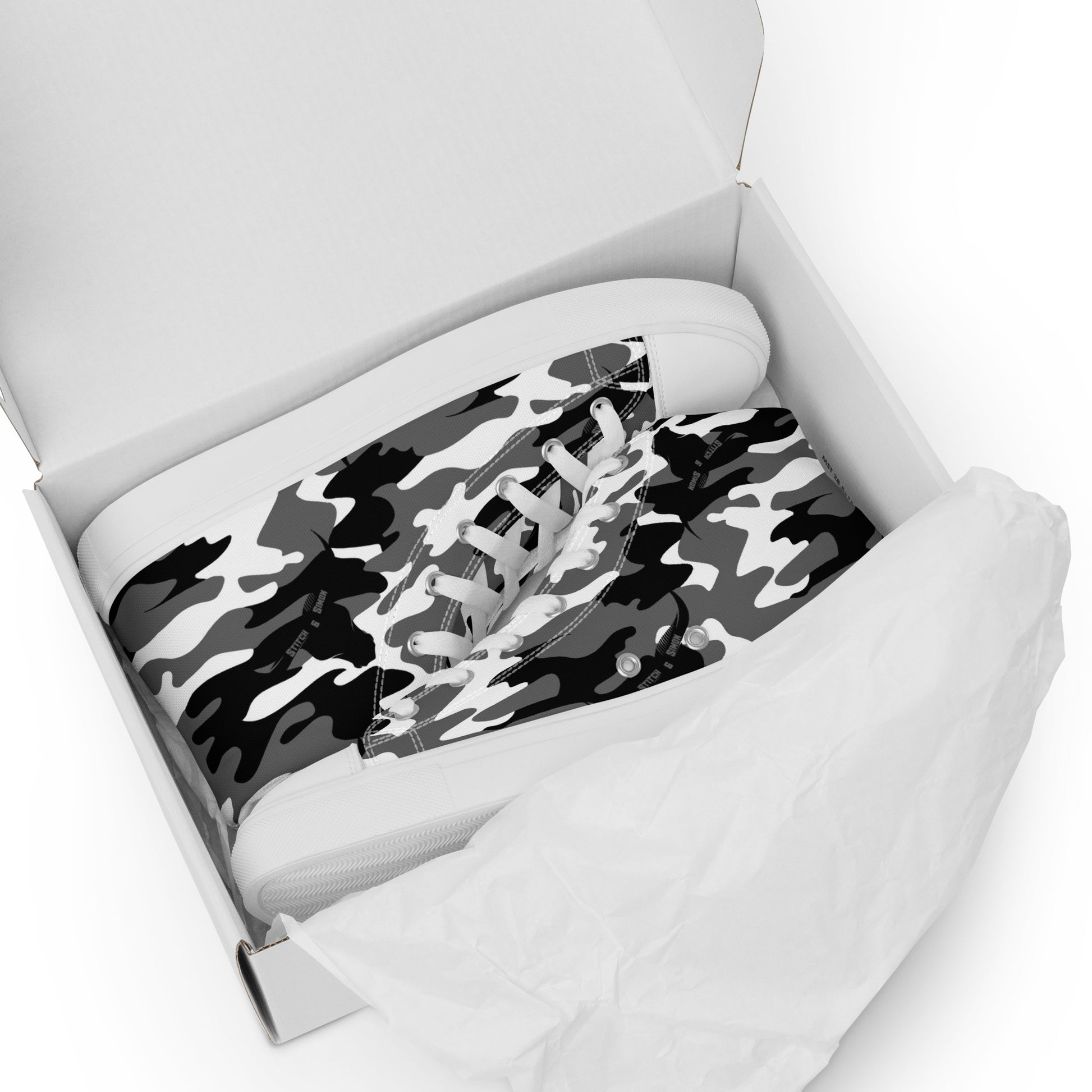 Women’s High Top Canvas Sneakers – Black & White Camo