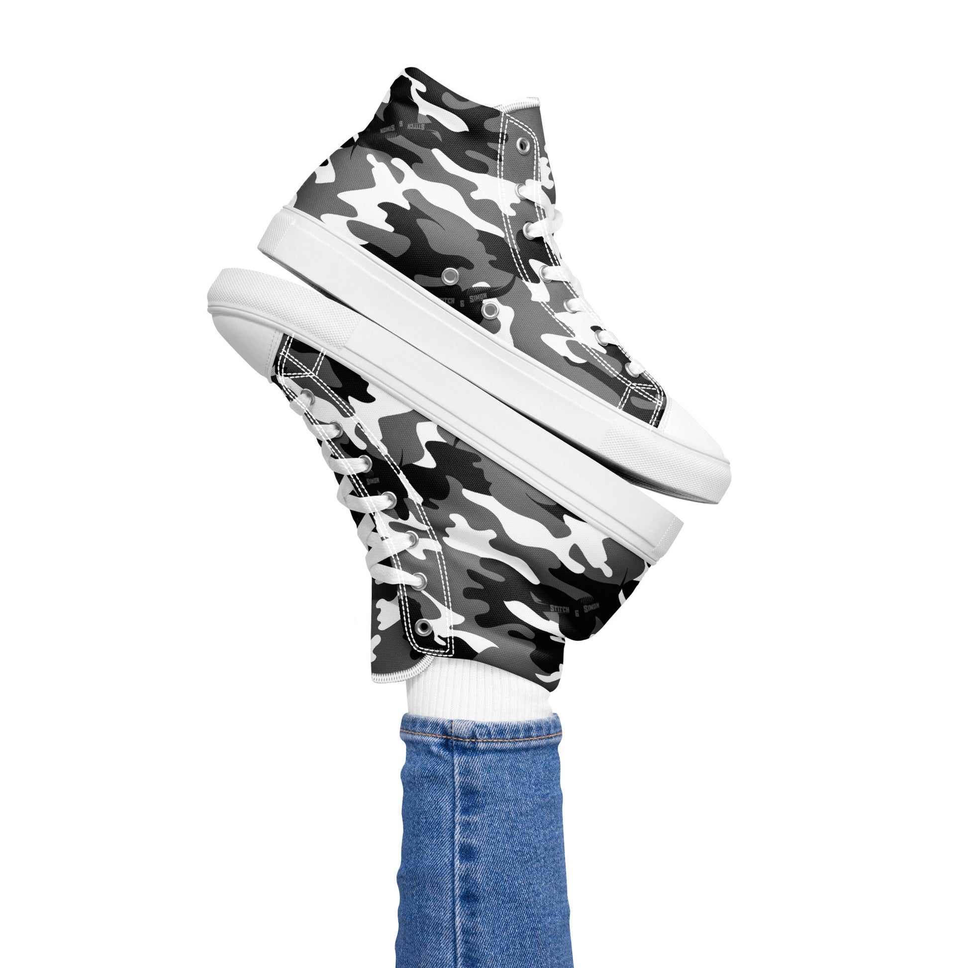 Women’s High Top Canvas Sneakers – Black & White Camo